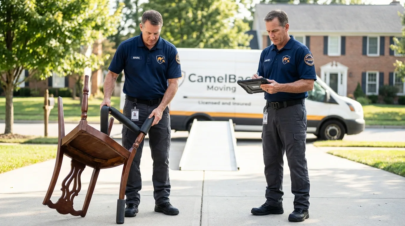 Movers inspecting furniture for damage prevention before loading in Northwood, OH