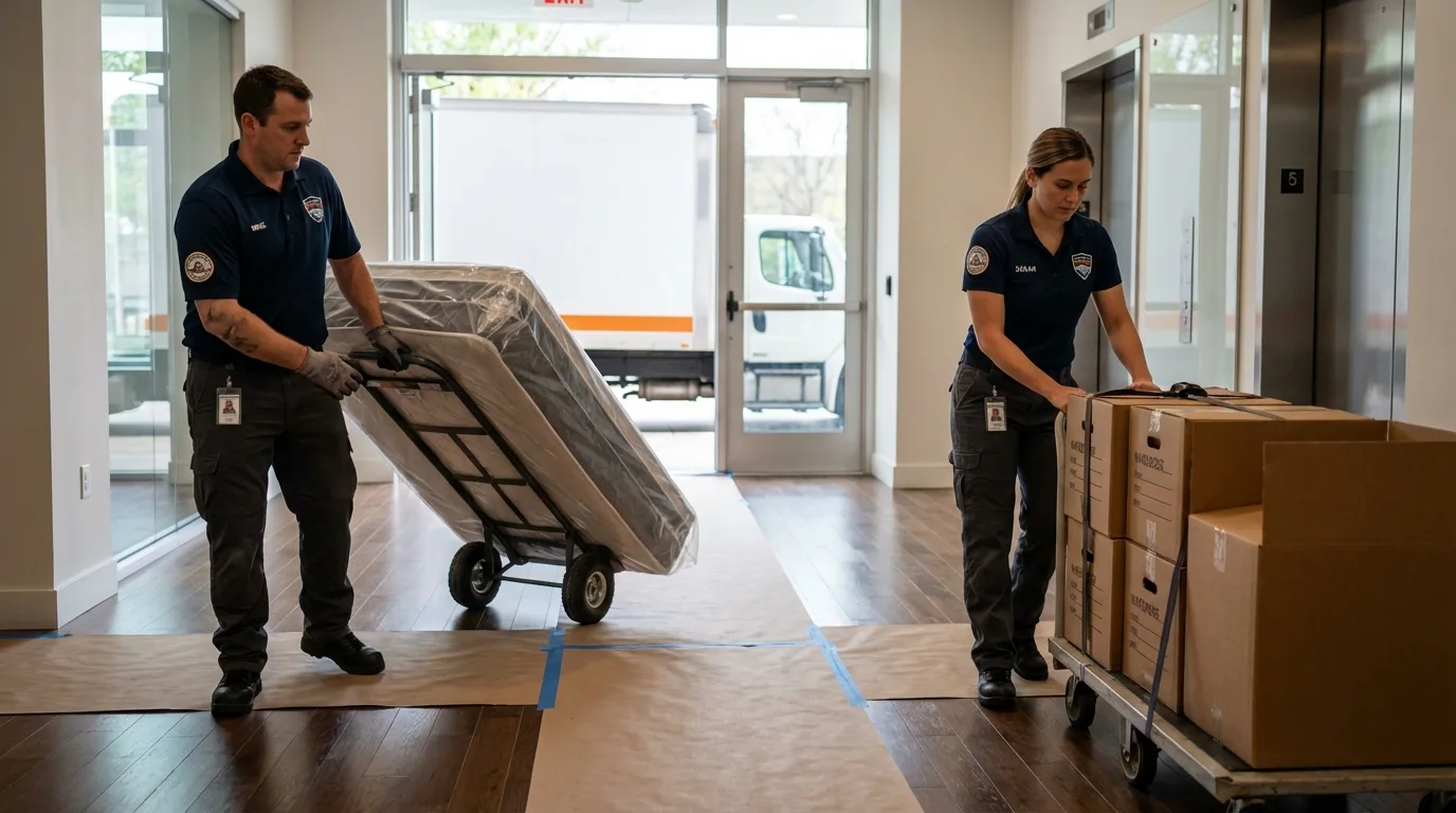 Professional apartment movers loading elevator in Northwood, OH