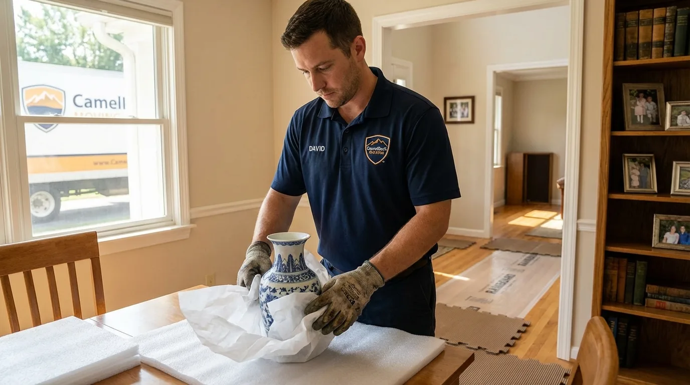 Professional crew carefully wrapping antique vase for senior downsizing move in Northwood, OH